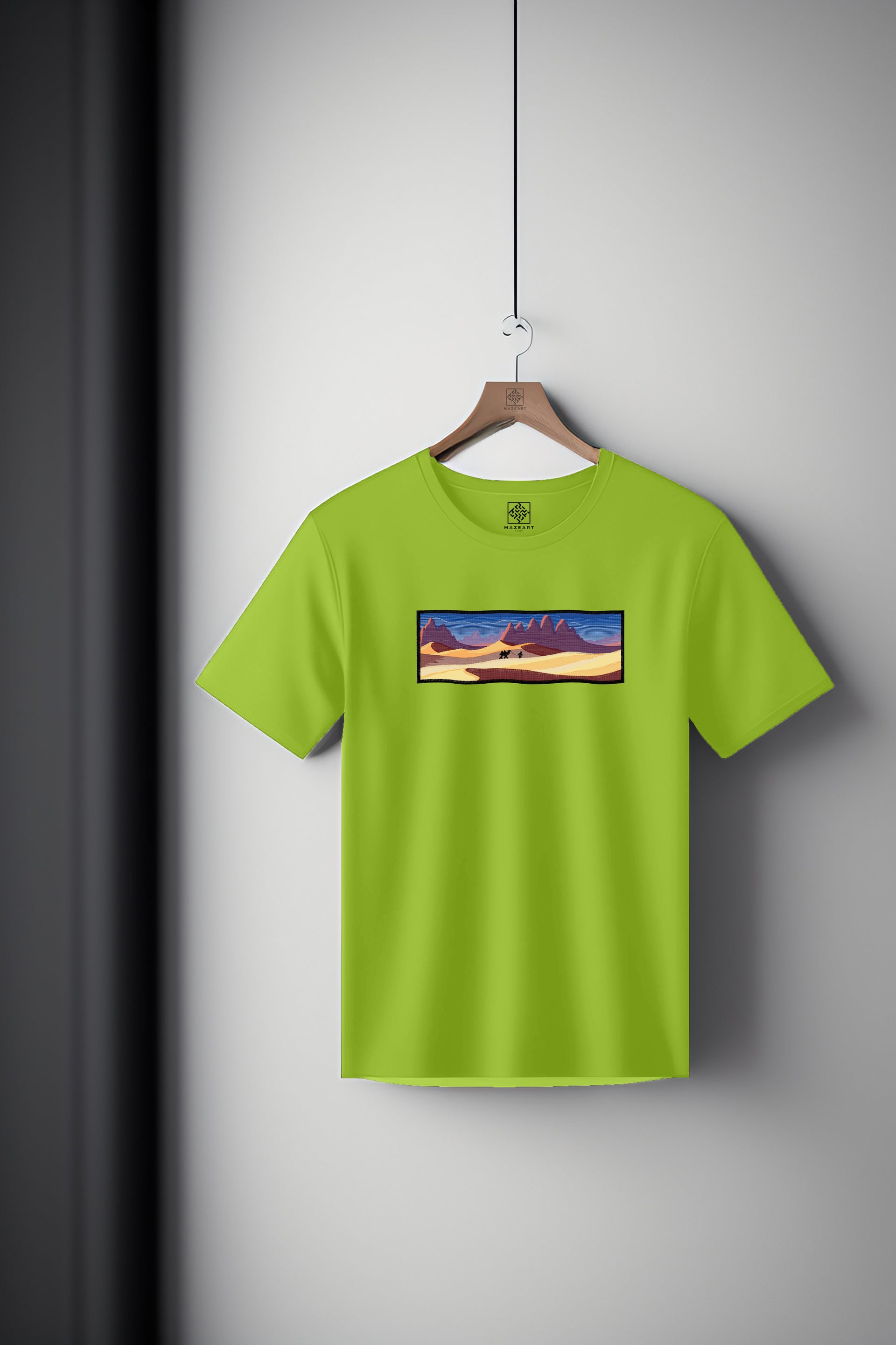 Rocky desert with canyons man and camel Tee